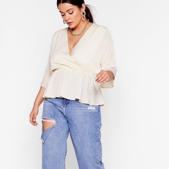 Nasty Gal 14 Well Spotted Peplum Bell Sleeve Faux Wrap Cream Brown Polka Top - Picture 3 of 16
